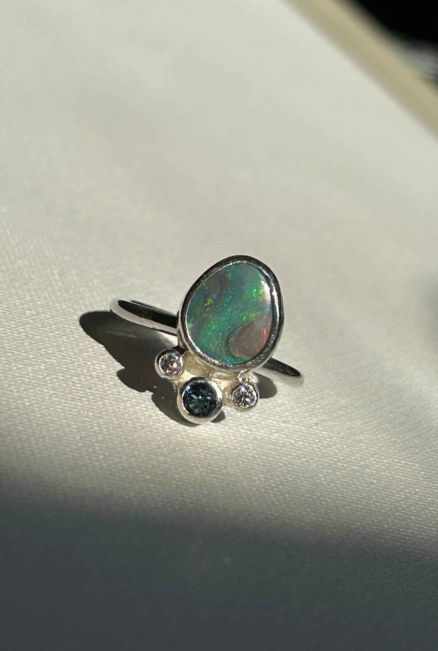 Green/pink opal crown ring