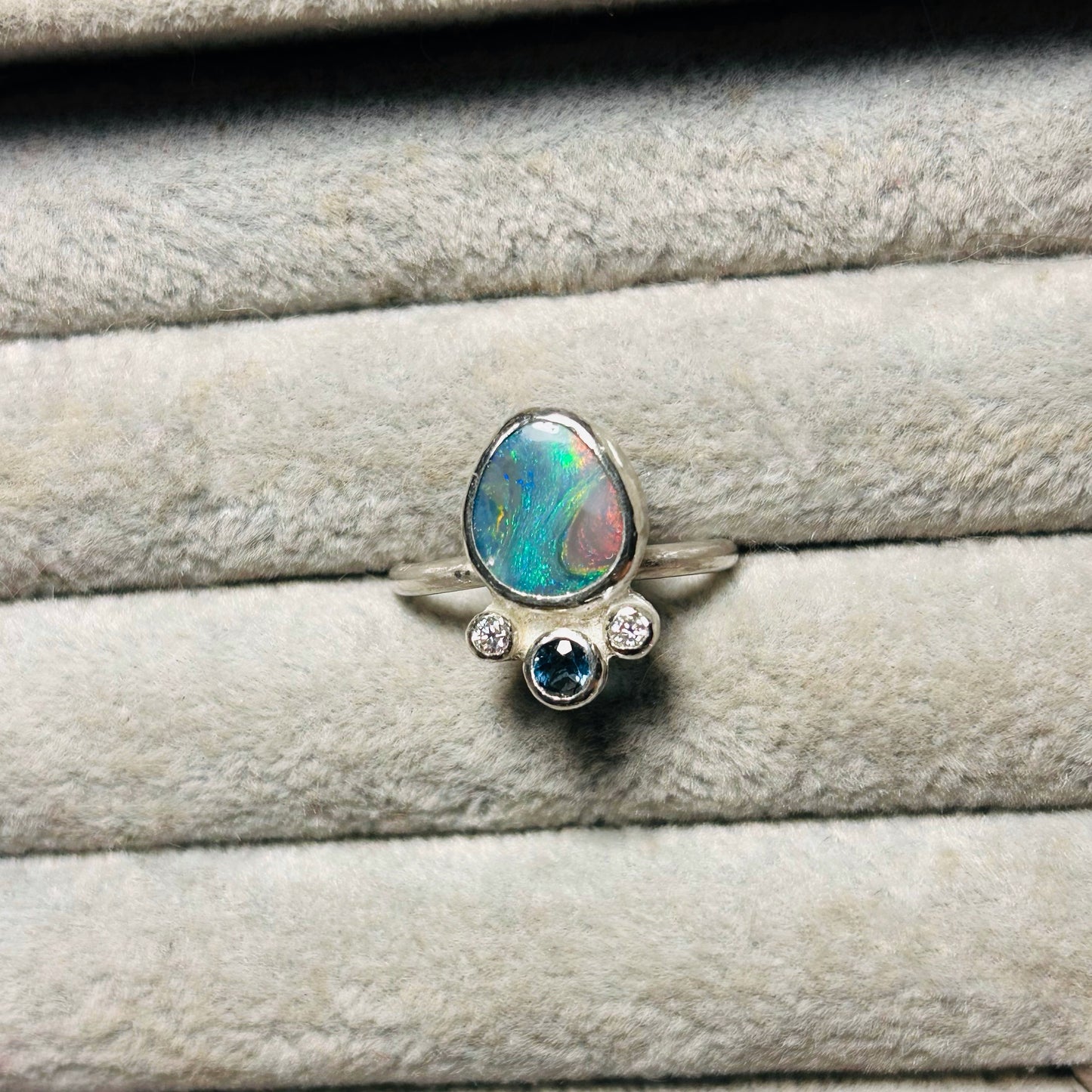 Green/pink opal crown ring