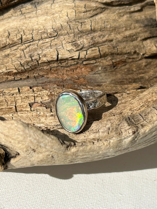 Solid Australian Lighting Ridge silver opal ring.