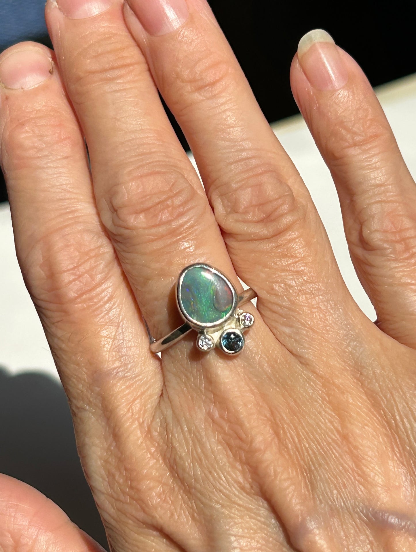 Green/pink opal crown ring