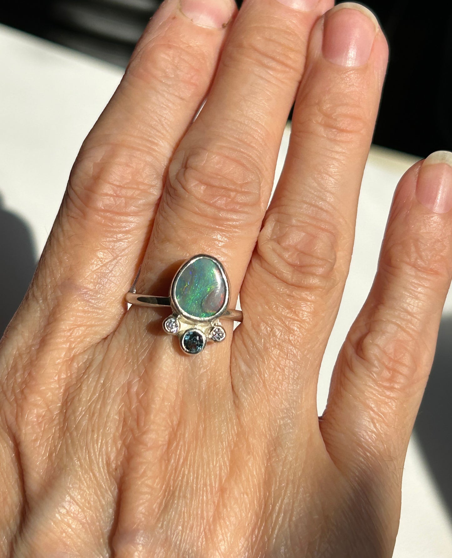 Green/pink opal crown ring