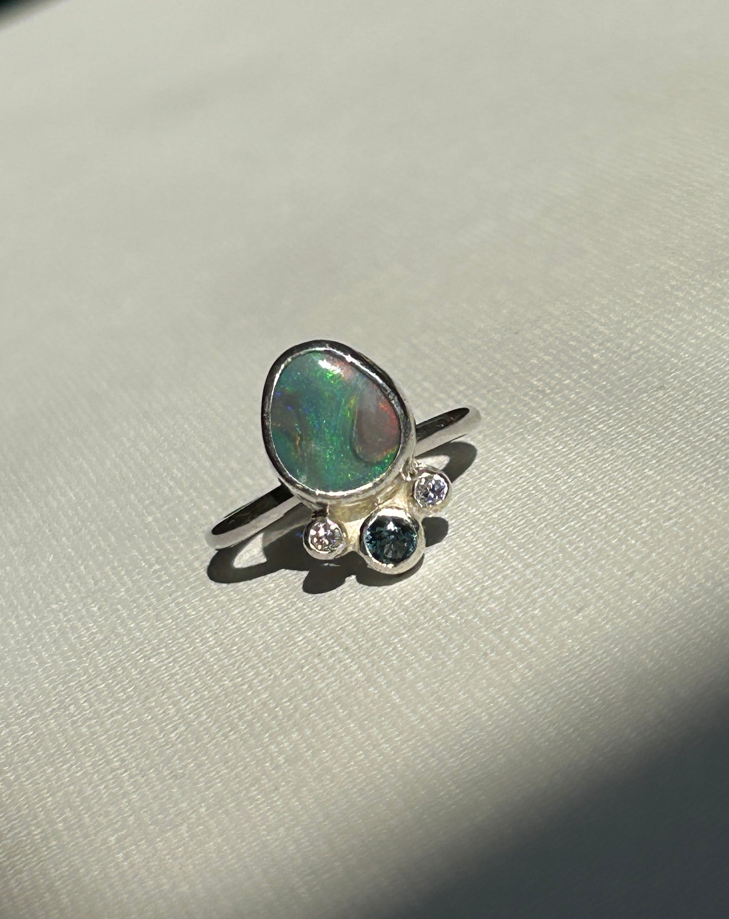 Green/pink opal crown ring