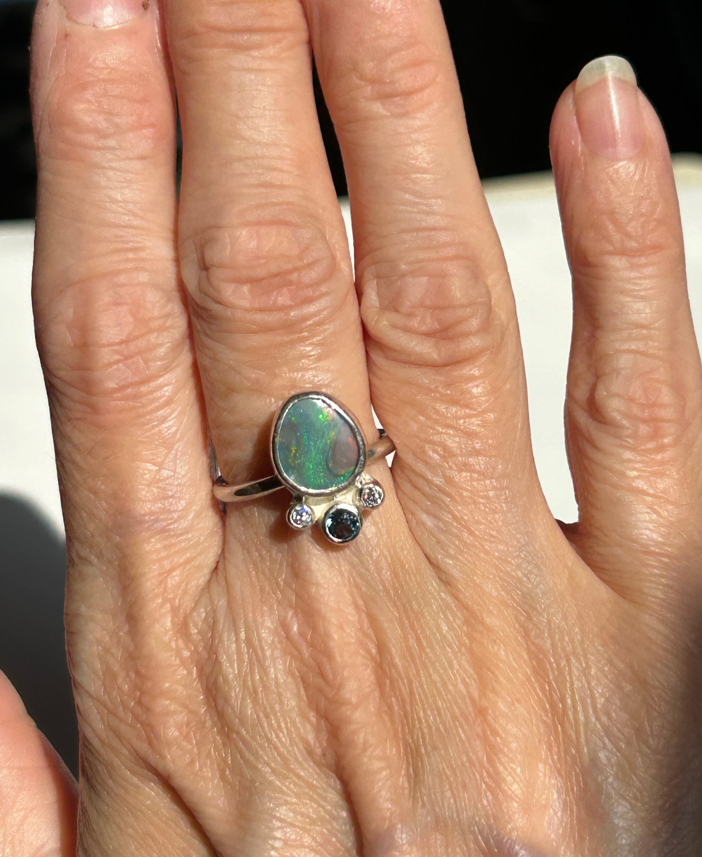 Green/pink opal crown ring